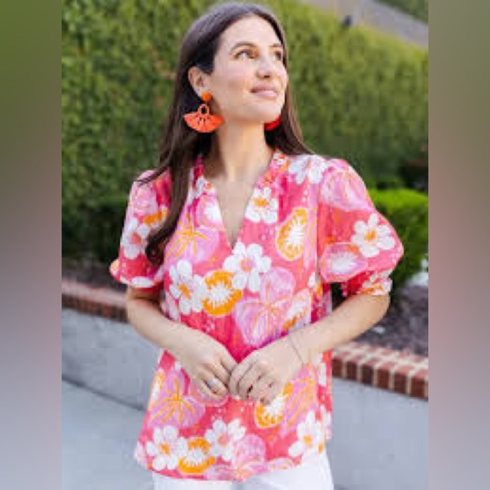 Michelle Malone Vibrant Floral Blouse with Ruffled Neckline, Size S